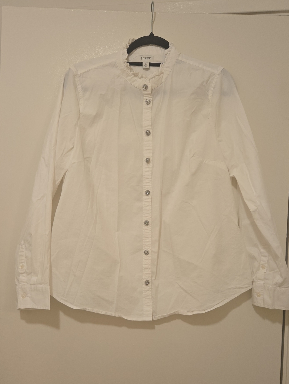 J. Crew White Ruffle-Neck Button-Front Shirt W/ Jeweled Buttons Sz L
